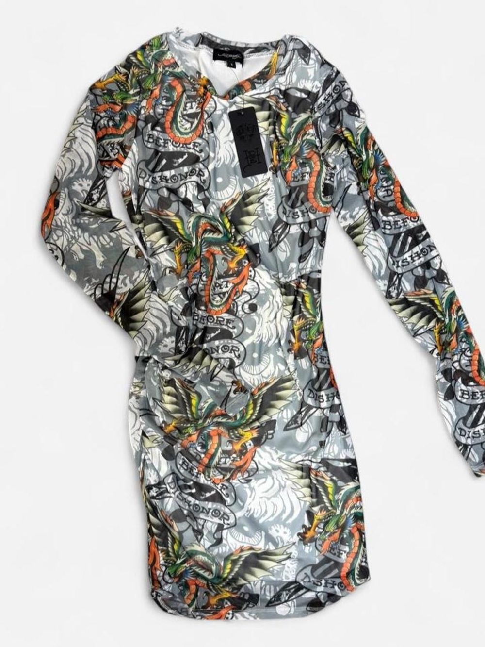 Ed Hardy Grey Long-Sleeve Tattoo-Print Dress with Orange & Green Motifs